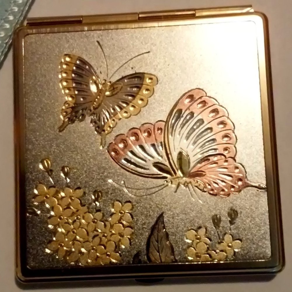 Cosmetic Magnifying & Regular Mirrors Butterfly Cover Gold Silver Unused In Box